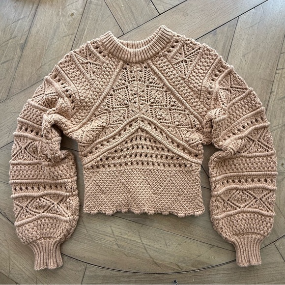 ZARA Tan Pointelle Open Knit Crochet Sweater Puff Sleeve Cropped Boho Small - Picture 2 of 10